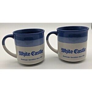 VINTAGE White Castle Coffee Cup Mug Blue White Set of 2 Ceramic Restaurant